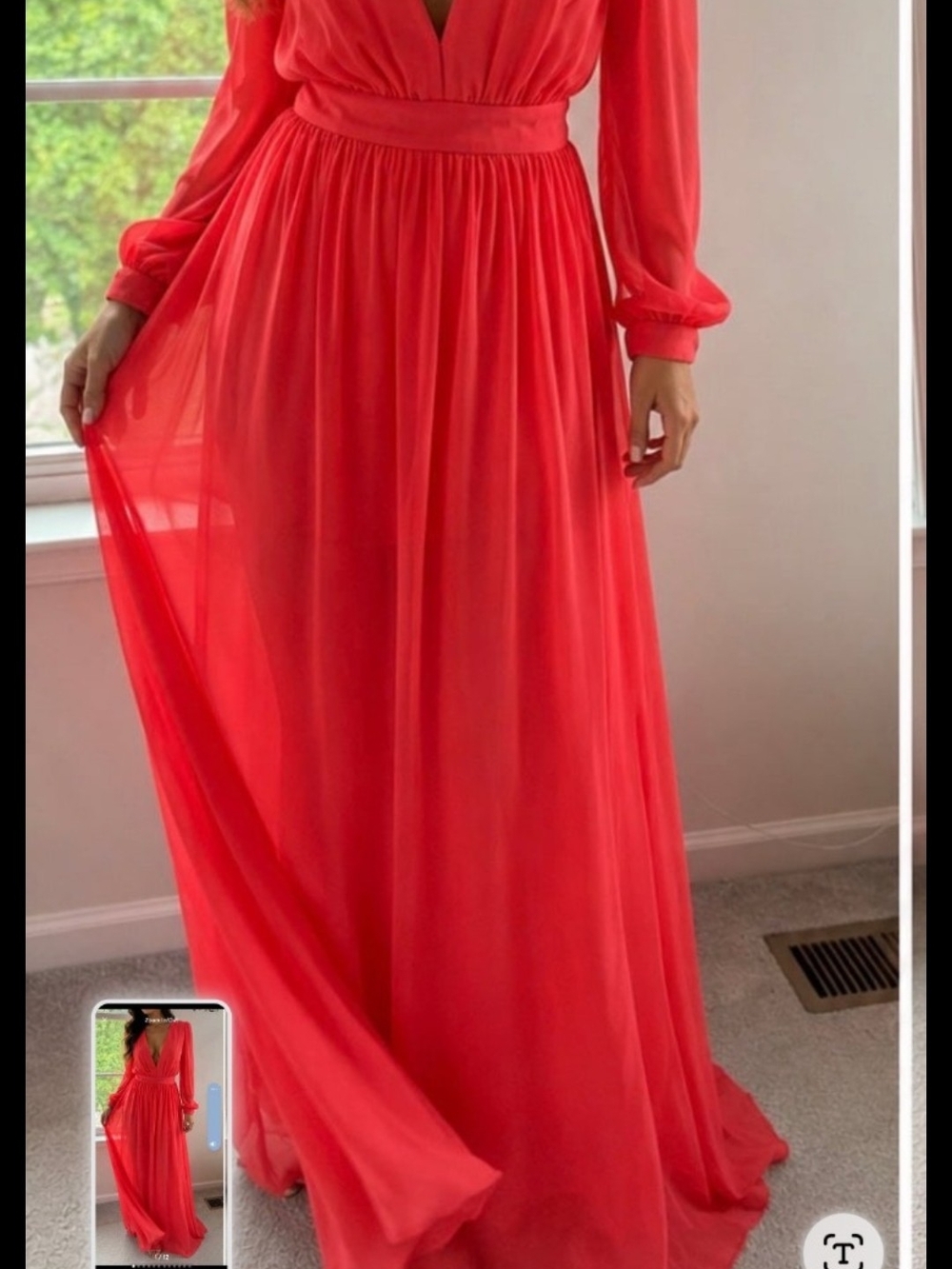 Elegant Long-Sleeve Red Maxi Dress - V-Neck Waistband